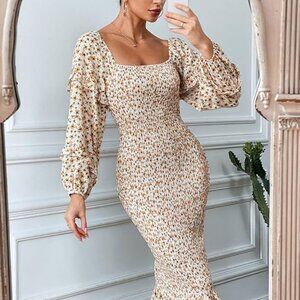 Long Puff Sleeve Floral Midi Bodycon Dress